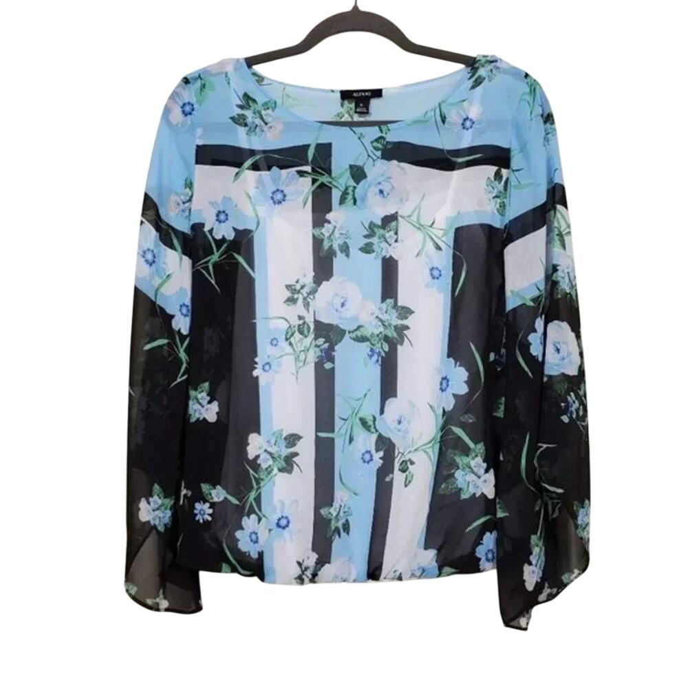 Alfani Printed Angel Sleeve Floral Top Womens Size PL Blue White Black Sheer Top
